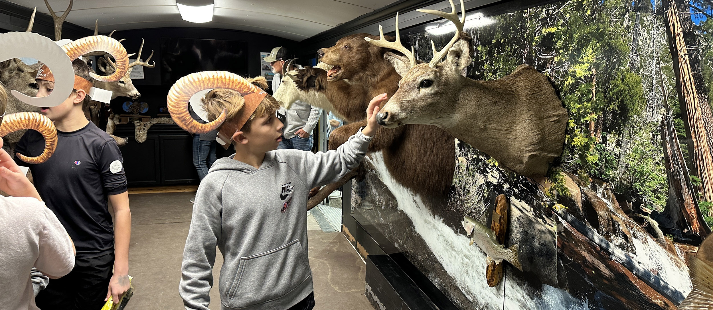 Kids looking at big game trophy mounts